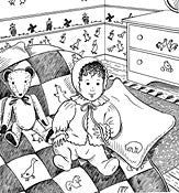 Black and white pen and ink drawing by Gretchen Schields. A baby sitting on a bed wearing 304 Nursery Days Bed Jacket and bonnet, and sitting on the quilt next to the teddy bear and pillow sham. 