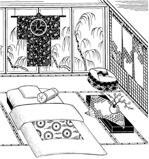 Black and white pen and ink drawing by artist Gretchen Shields. 305 Japanese Interior, kimono hanging on the back wall, floor cushions (zabuton) in the corner, Futon with the futon cover (shikibuton), top quilt (kakebuton), and decorative curtains (noren)