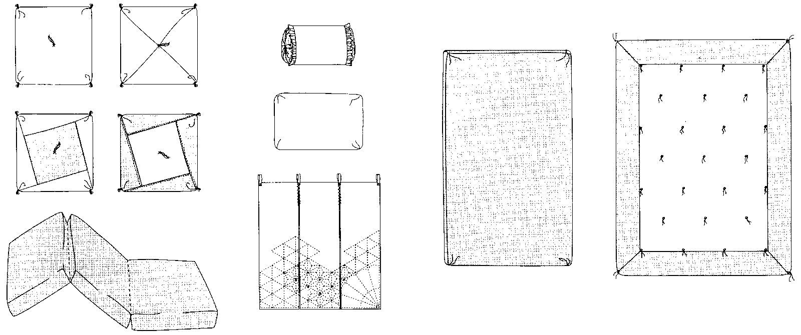 Black and white pattern drawings of the cushions (Zabuton) , Folding foam mat (futon), Sleeping pillows, Makura 1, Makura 2. The curtain  (noren), Futon Cover (Shikibuton), and the Kakebuton (top quilt) 