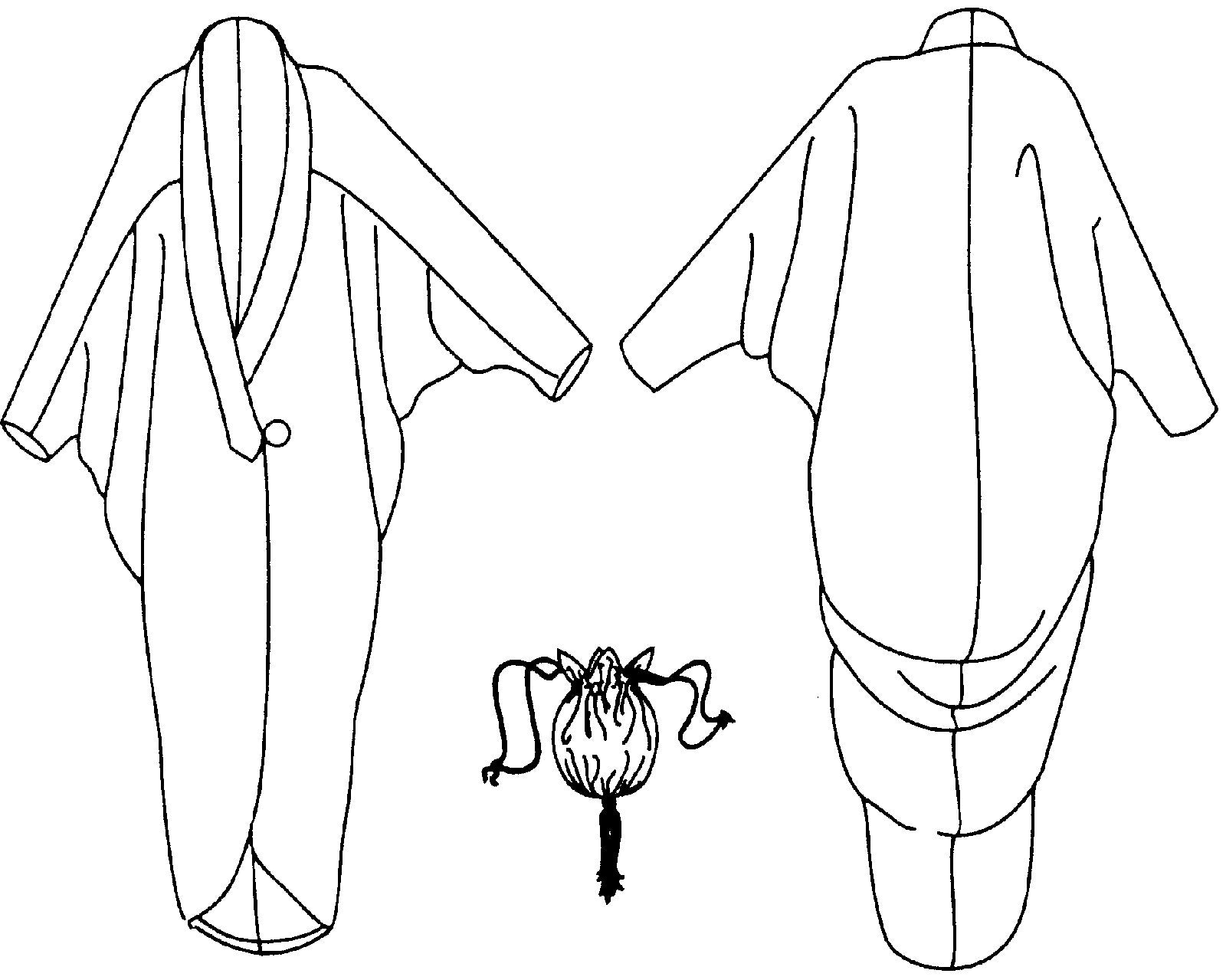 Black and White pattern drawings of front and back views of the Poiret Cocoon Coat with the drawstring bag in the bottom center