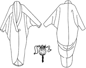 Black and White pattern drawings of front and back views of the Poiret Cocoon Coat with the drawstring bag in the bottom center