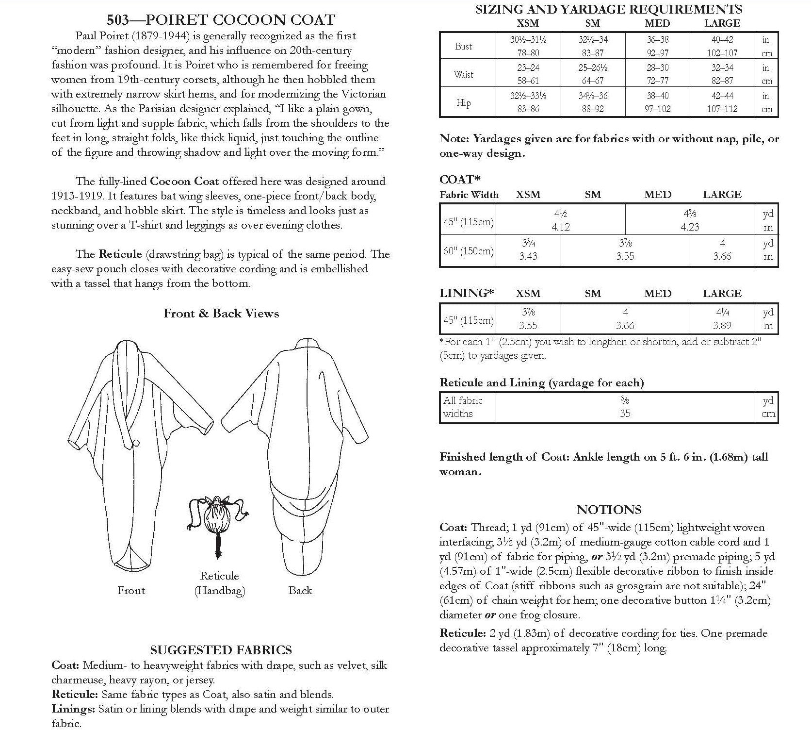 back of pattern envelope with description, line drawings, fabric suggestions, and sizing chart