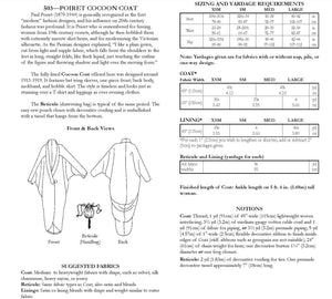 back of pattern envelope with description, line drawings, fabric suggestions, and sizing chart