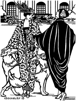 Black and white pen and ink drawing by artist Gretchen Shields.  Two women conversing wearing the Poiret Cocoon Coat one is facing front the other back, the woman on the left is walking two dogs