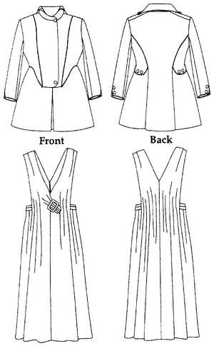 Black and White pattern drawings of the front and back views of the Jacket and Jumper