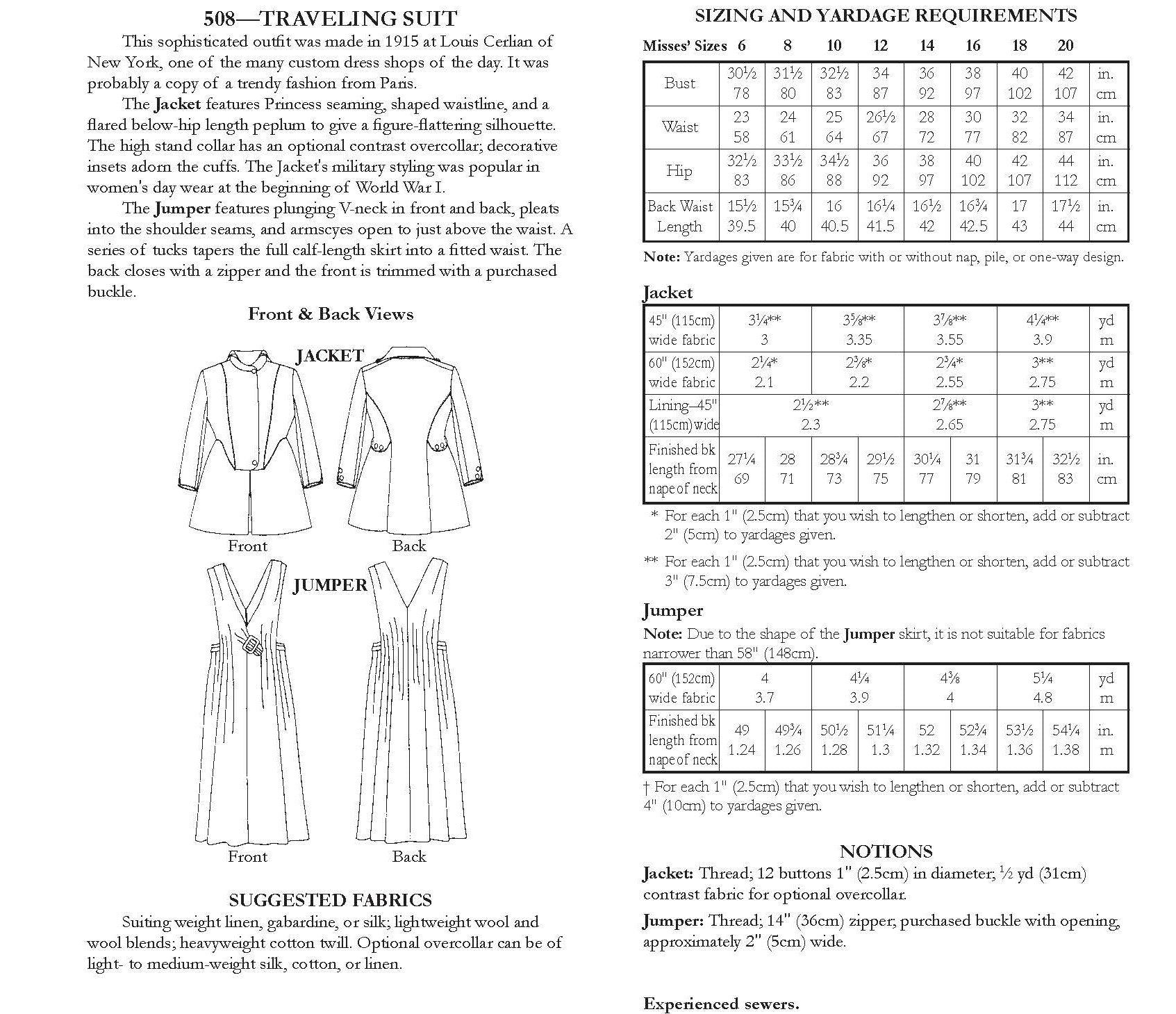 back of pattern envelope with description, line drawings, fabric suggestions, and sizing chart