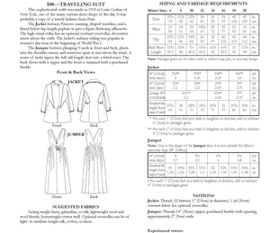 back of pattern envelope with description, line drawings, fabric suggestions, and sizing chart