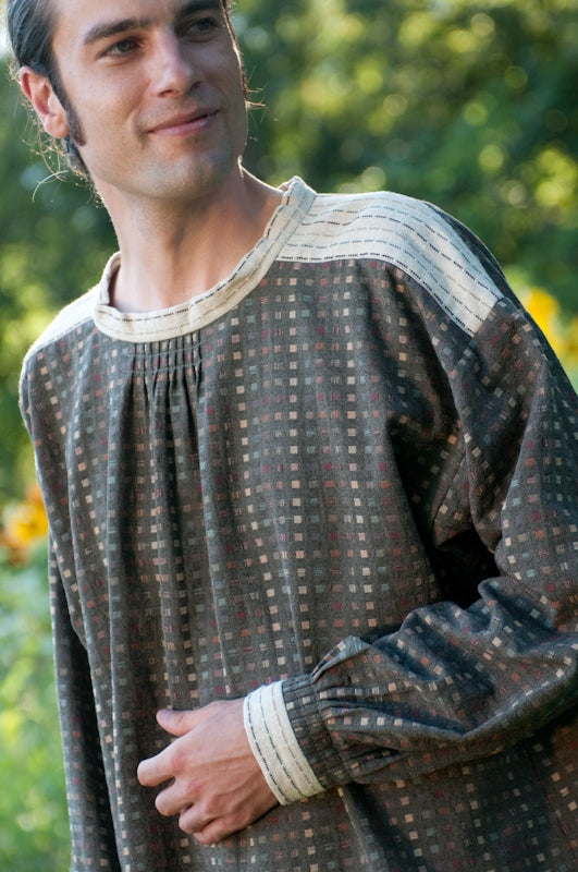Close up of young white man wearing the 148 Black Forest Smock