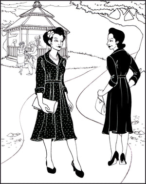 Black and white pen and ink drawing by Gretchen Shields. Two women walking past each other in a park wearing the 247 Lindy Shirtdress and heels.