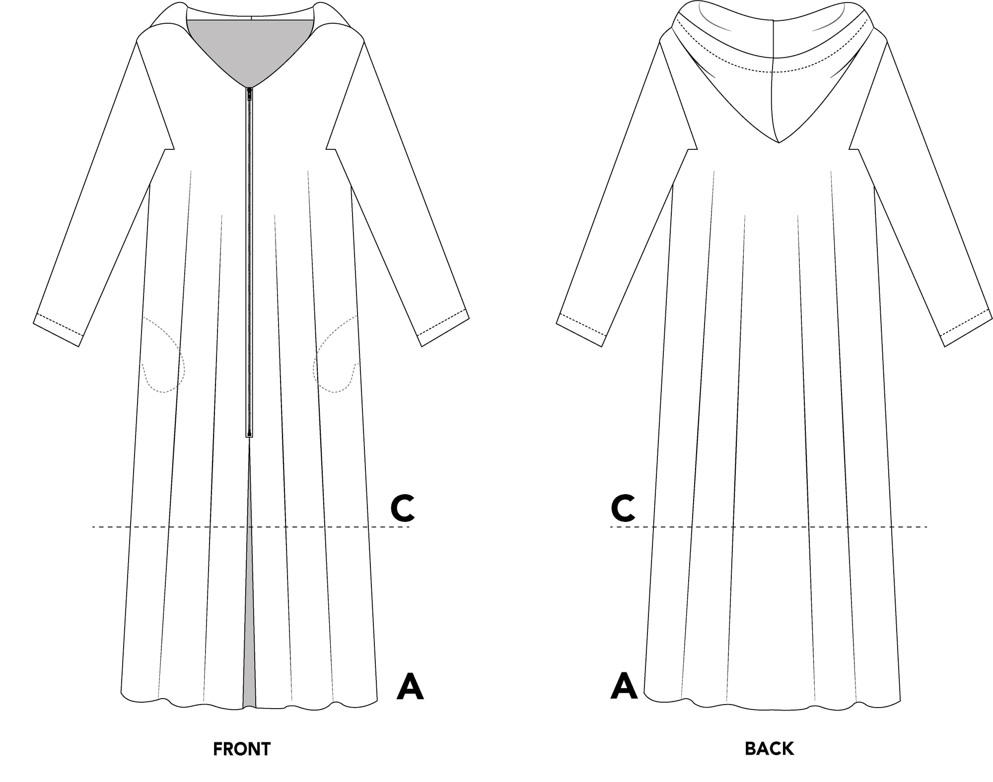 Black and white pattern drawing of front and back view of #157 Moroccan Djellaba with front zipper.