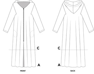 Black and white pattern drawing of front and back view of #157 Moroccan Djellaba with front zipper.