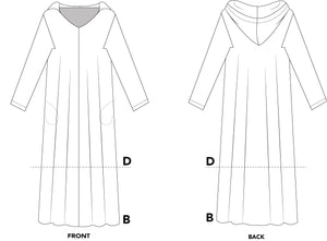 Black and white pattern drawing of front and back of #157 pullover Moroccan Djellaba 