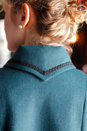 Close up of the Metropolitan Suit tall rollover collar.