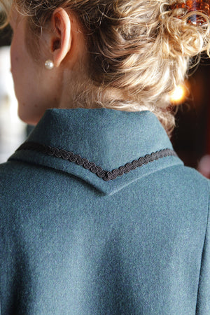 Close up of the Metropolitan Suit tall rollover collar.