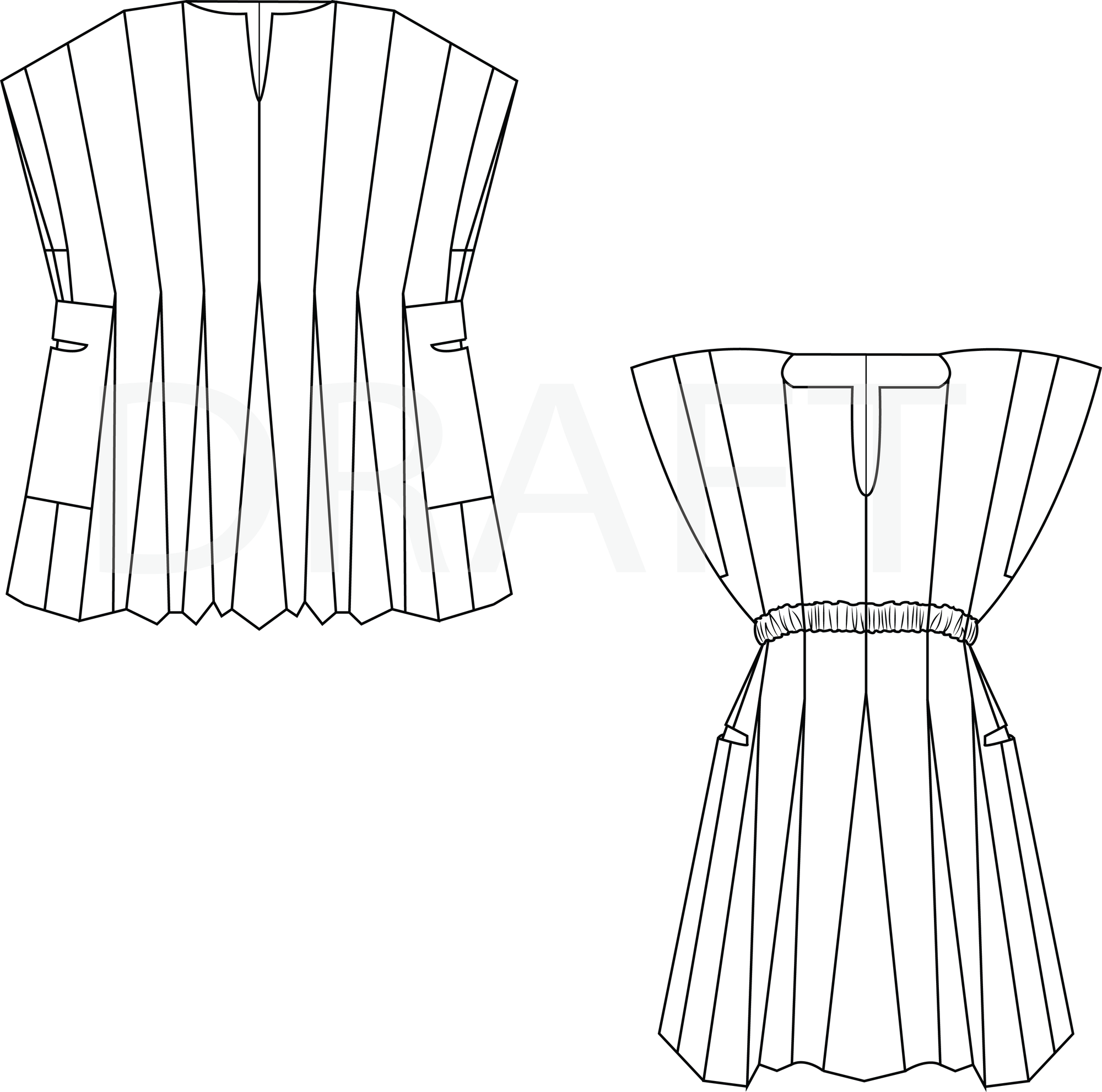 Black and white flat line drawing of front view of men and women's Ghanaian Smock.