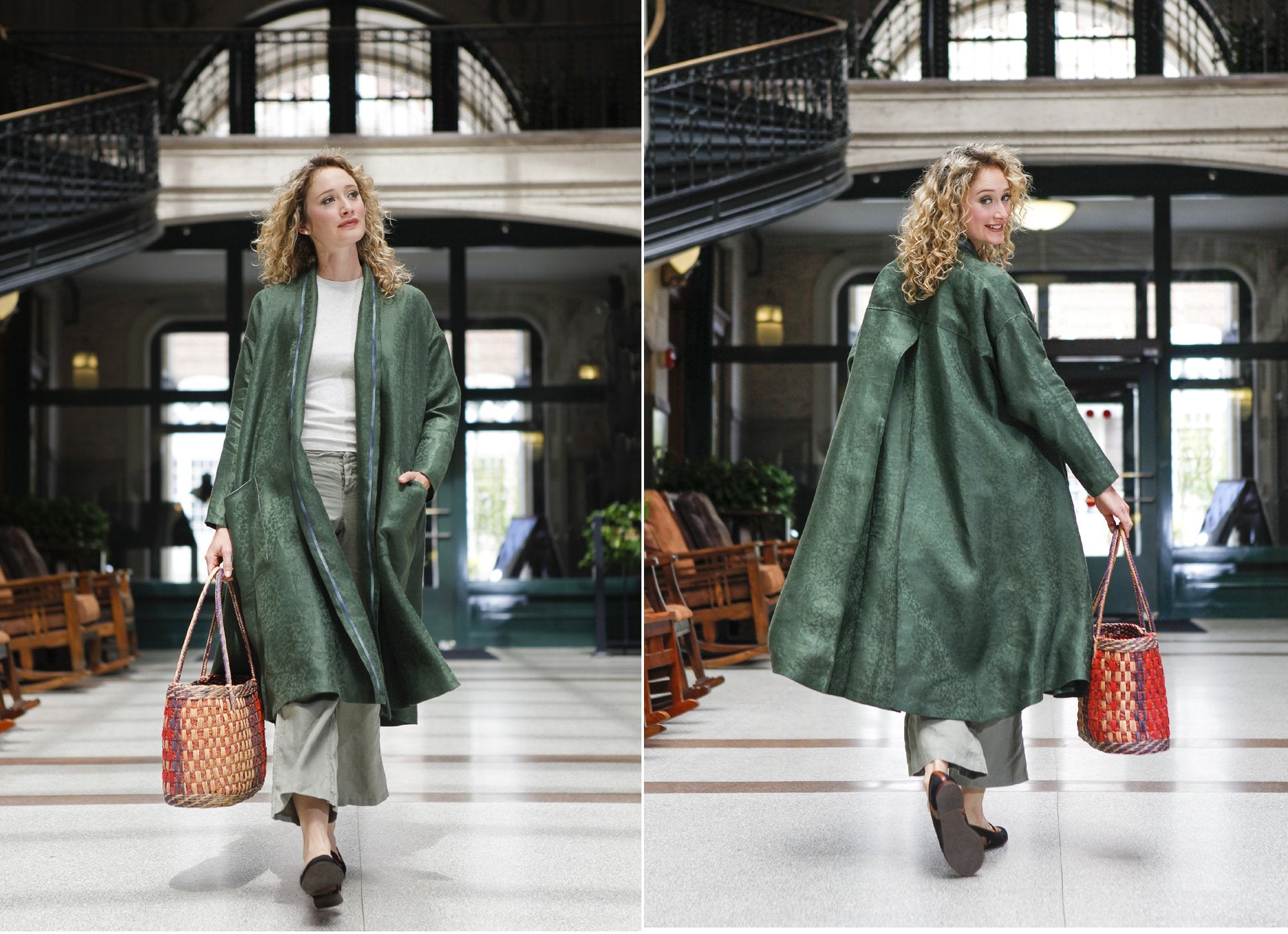 Front and back view of white blonde woman walking holding a woven bag wearing the 254 Swing Coat