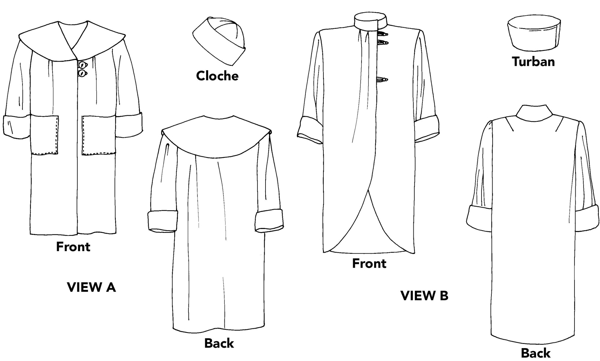 Black and white flat drawings of coats and hat.
