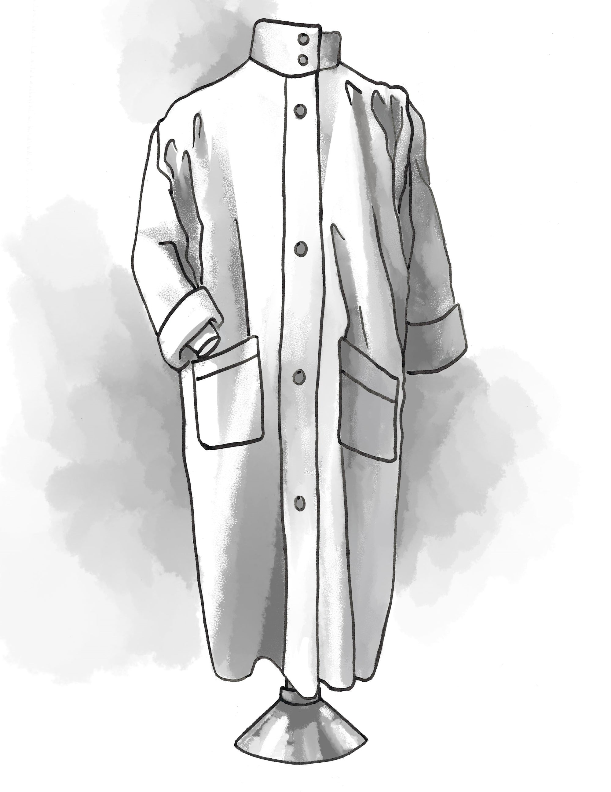 A digital watercolor line drawing by Artist Victoria Watkins of the Basics Overcoat.