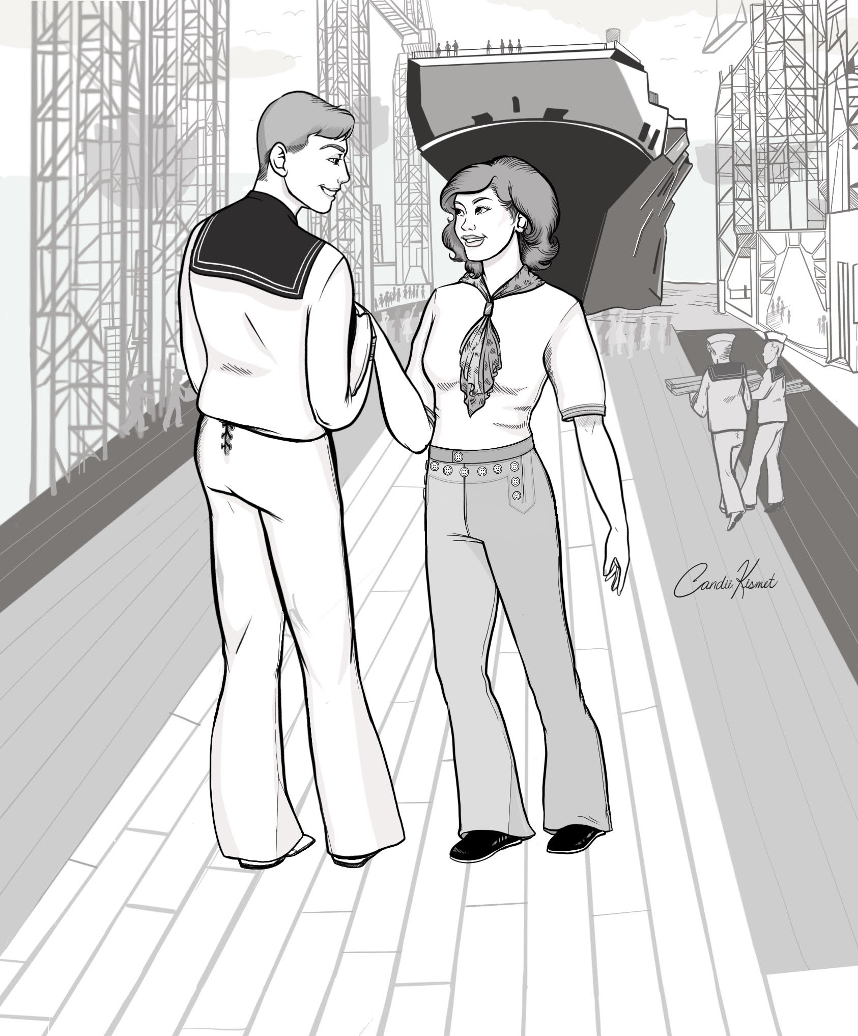 Black and white illustration of a man and woman conversing, with a ship in the background, both wearing 229 Sailor pants and 211 Two Middies. 