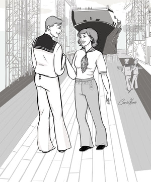 Black and white illustration of a man and woman conversing, with a ship in the background, both wearing 229 Sailor pants and 211 Two Middies. 
