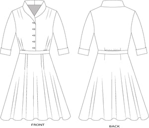 Black and white flat line pattern drawings of front and back view of 247 Lindy Shirtdress