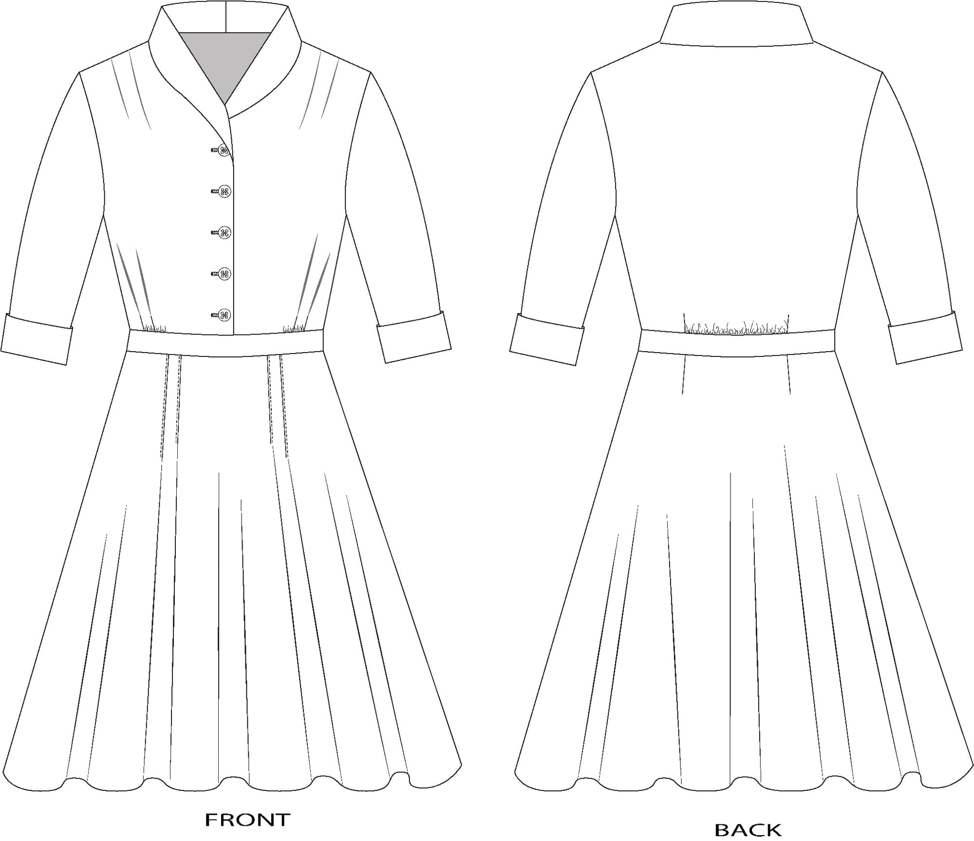 Black and white flat line pattern drawings of front and back view of 247 Lindy Shirtdress