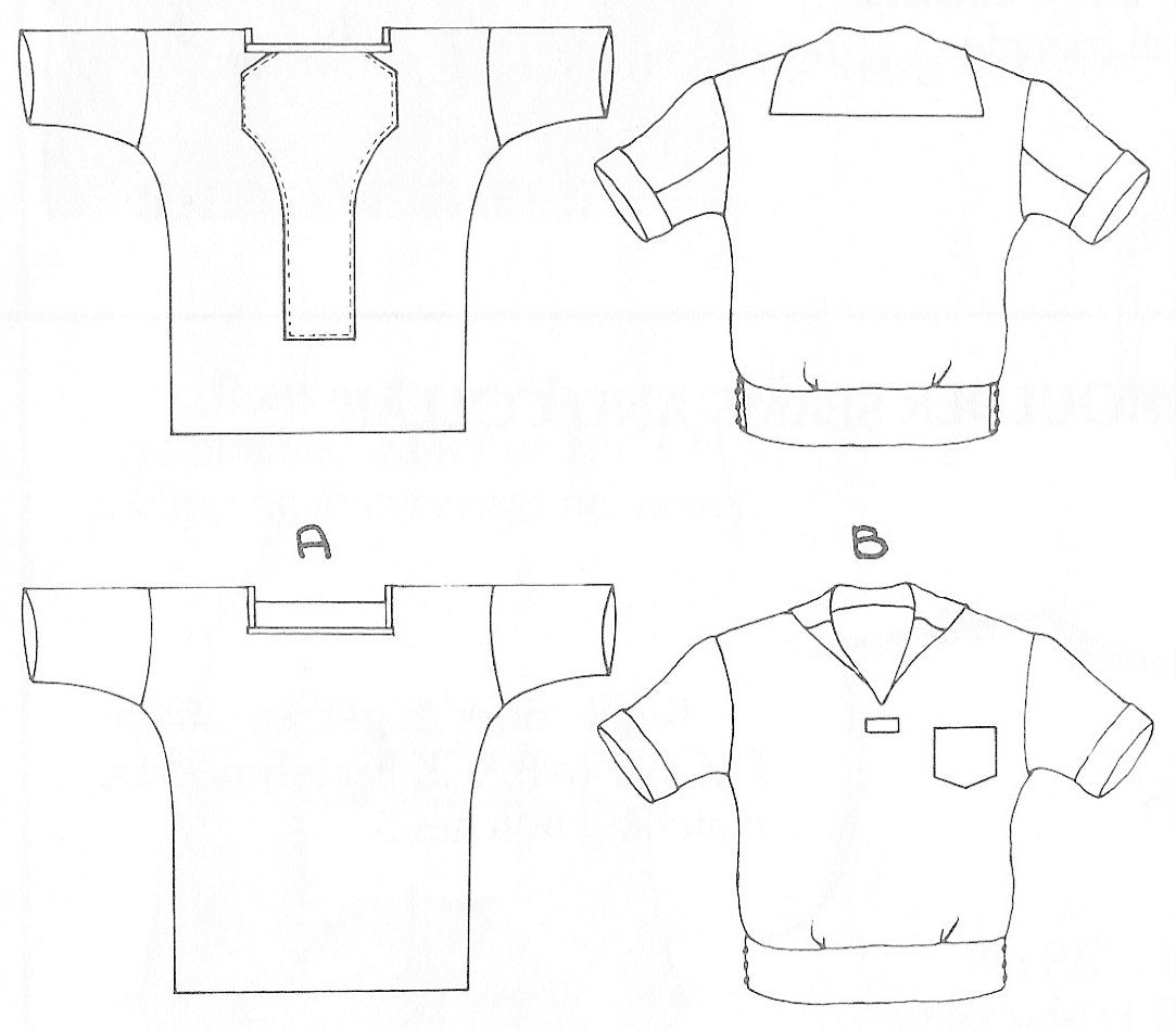 black and white flat line drawing of front and back view of 211 Two middies, view A square neck and view b v-neck with a middy collar. 