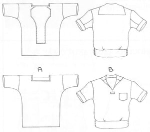 black and white flat line drawing of front and back view of 211 Two middies, view A square neck and view b v-neck with a middy collar. 