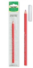image of two red iron on pencils; one in packaging and one not but with the clear cap off