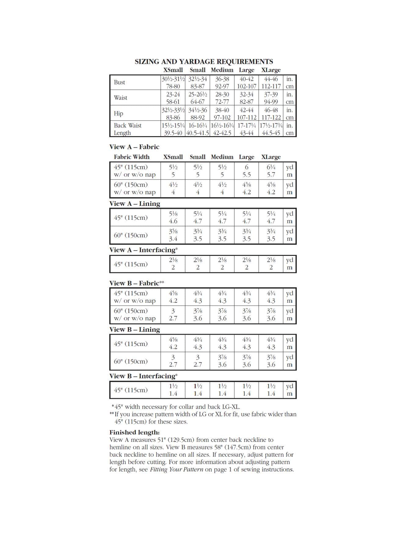 Image of sizing chart for coat.